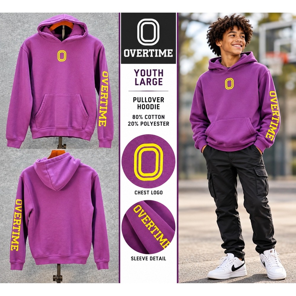 Overtime Pullover Hoodie Kids Graphic Logo Purple Youth L Excellent Streetwear